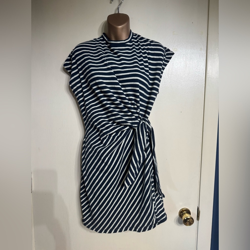 Apiece Apart Blue and White Asymmetrical Ruched Midi Dress